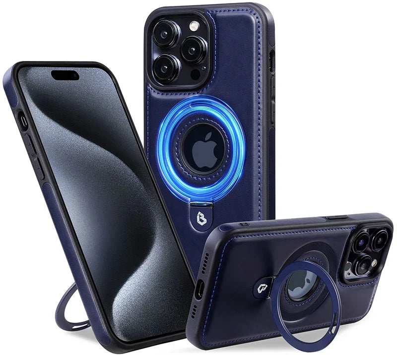 Case iPhone em couro e suporte magnético flexível MagSafe
