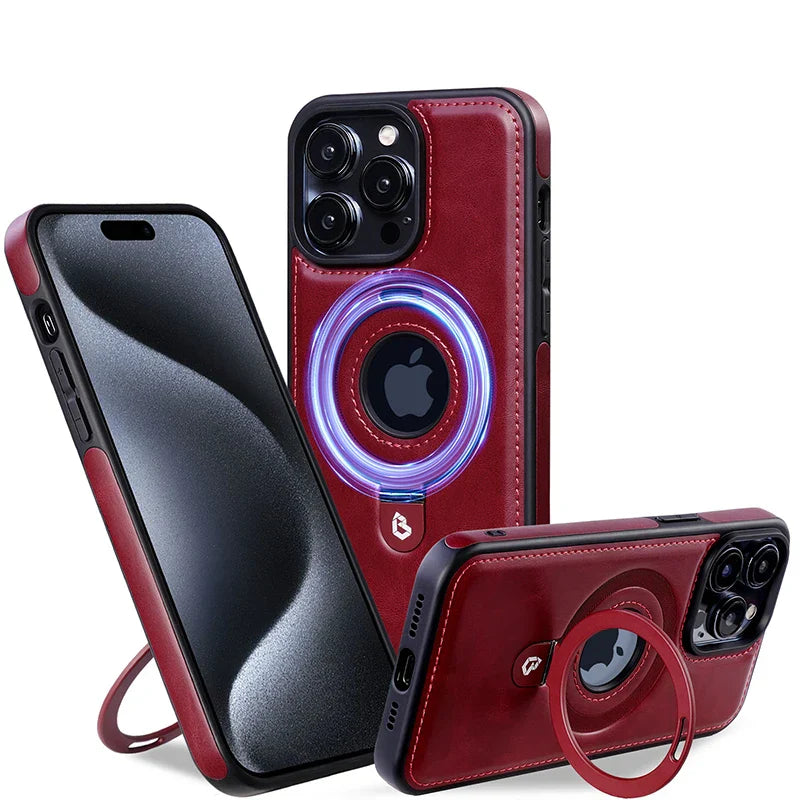 Case iPhone em couro e suporte magnético flexível MagSafe
