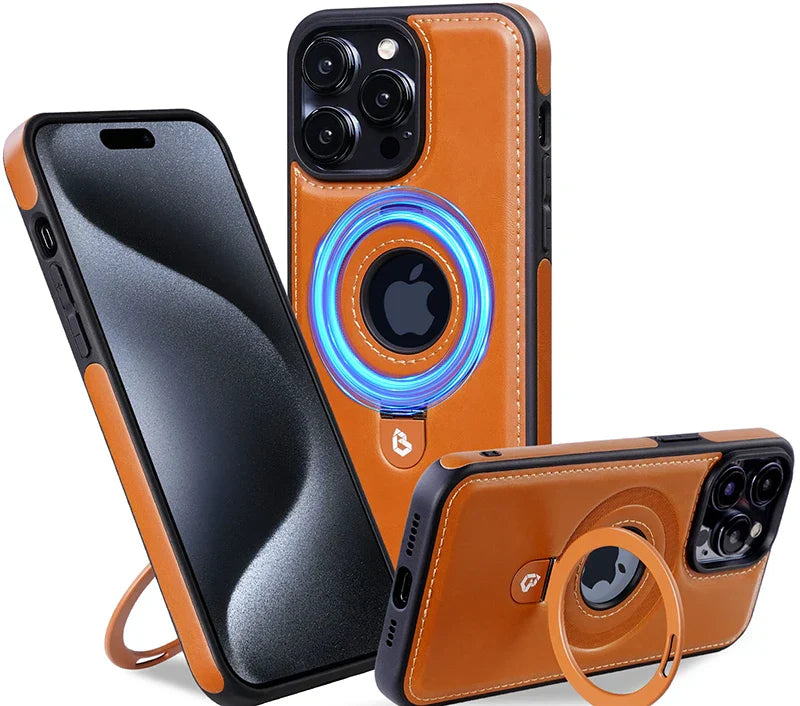 Case iPhone em couro e suporte magnético flexível MagSafe